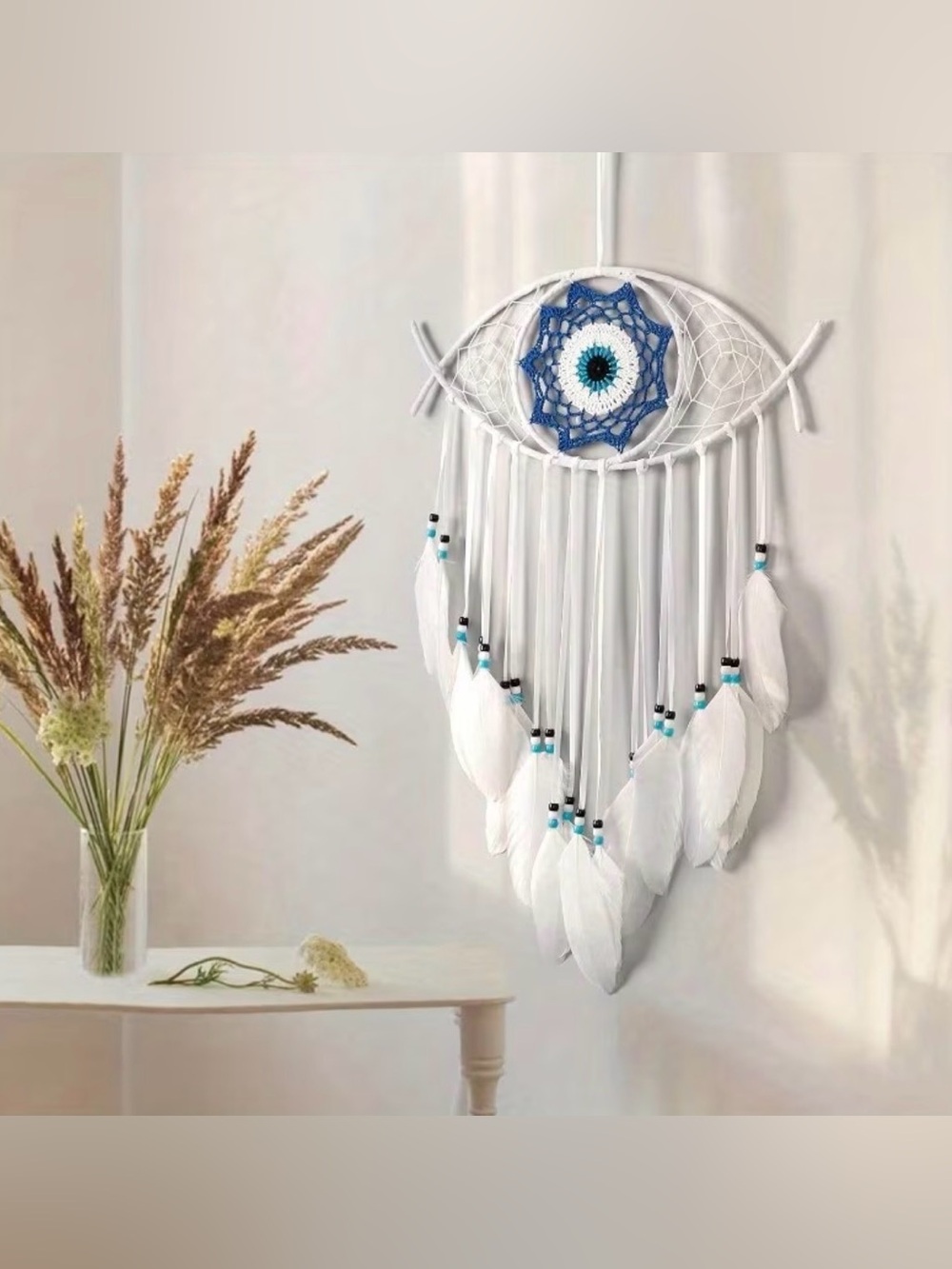 White and Blue Eye Dreamcatcher Wall Hanging - Decorative Home Wall Decor
